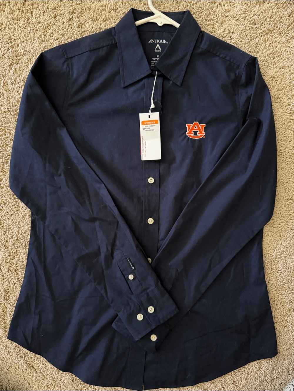 Antigua Navy and Orange Auburn Logo Women's Button-Down Shirt